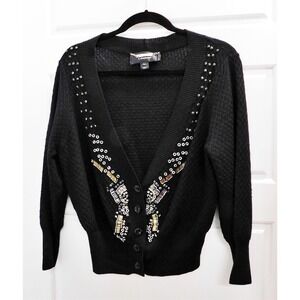 St John‎ Couture Black Knit Beaded Cardigan USA sz L